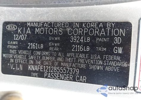2008 Kia Spectra Ex from USA, damaged, VIN KNAFE121285557379